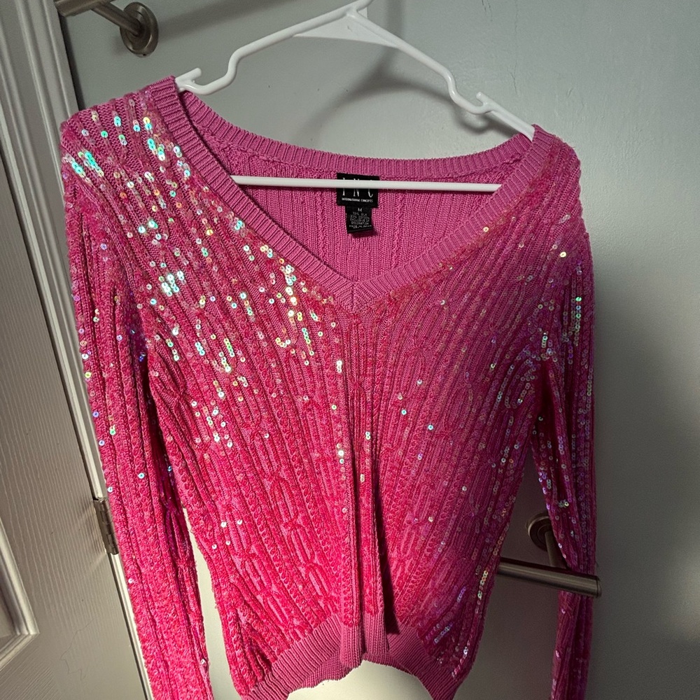 INC International Concepts Pink Sequin V-Neck Sweater